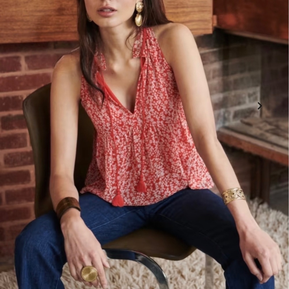 Sezane Isee Top Red Floral Sleeveless Ruffle Neck Tassel Tie Peplum - 40